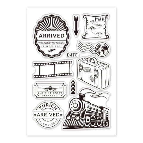 PLANCHA SELLOS DE SILICONA VIAJE TREN VALIJA MAPA ARRIVED - comprar online