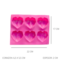 MOLDE SILICONA PLANCHA 6 CORAZONES GRANDES FACETADOS - comprar online