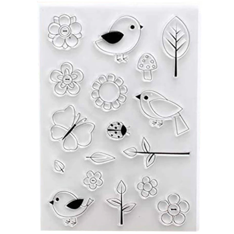 PLANCHA SELLOS DE SILICONA 3 PAJAROS 1 MARIQUITA