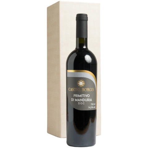Garrafa de vinho tinto Castel Borgo Primitivo di Manduria ao lado de estojo bege