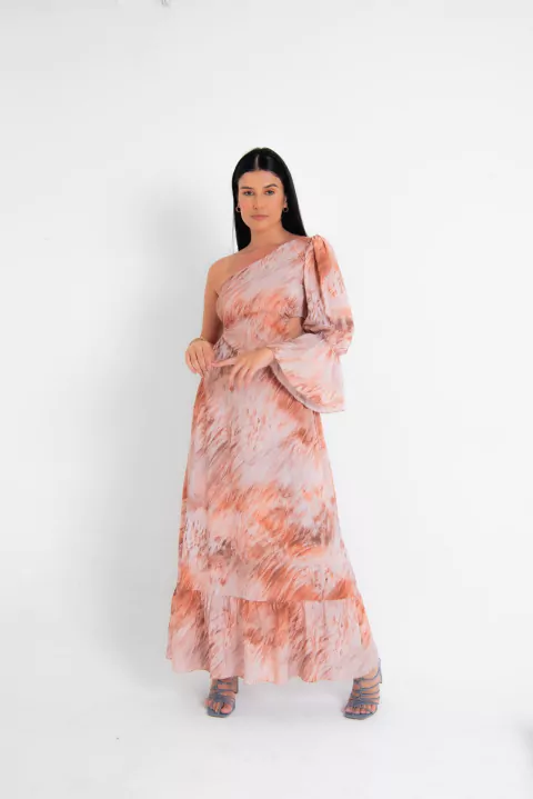 Vestido Longo Estampado de Ombro Só