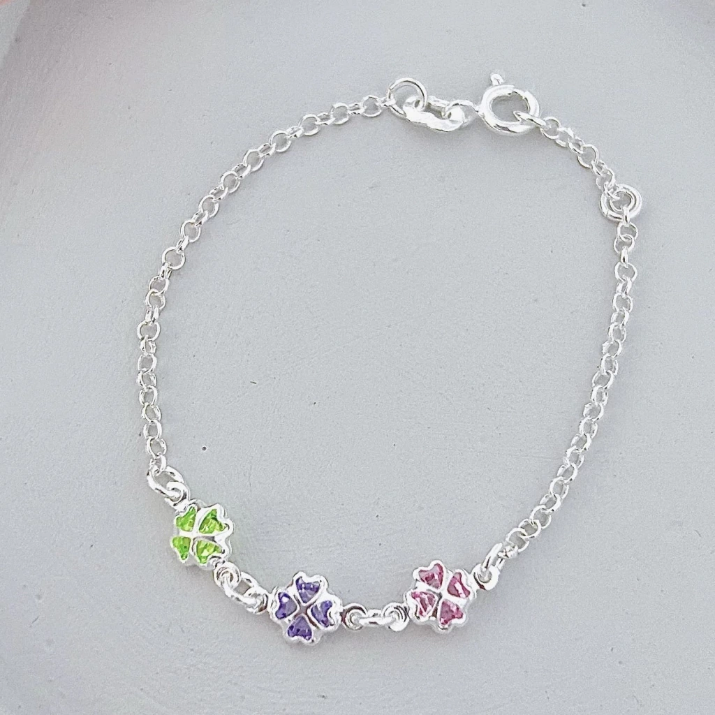 Pulseira Infantil com Três Trevos e Zircônias Coloridas Prata 925 - 14cm