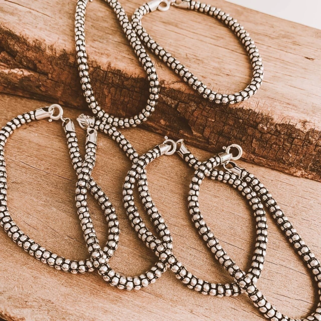 Pulseira Estilo Pipoca 4mm 18cm em Prata 925 Envelhecida