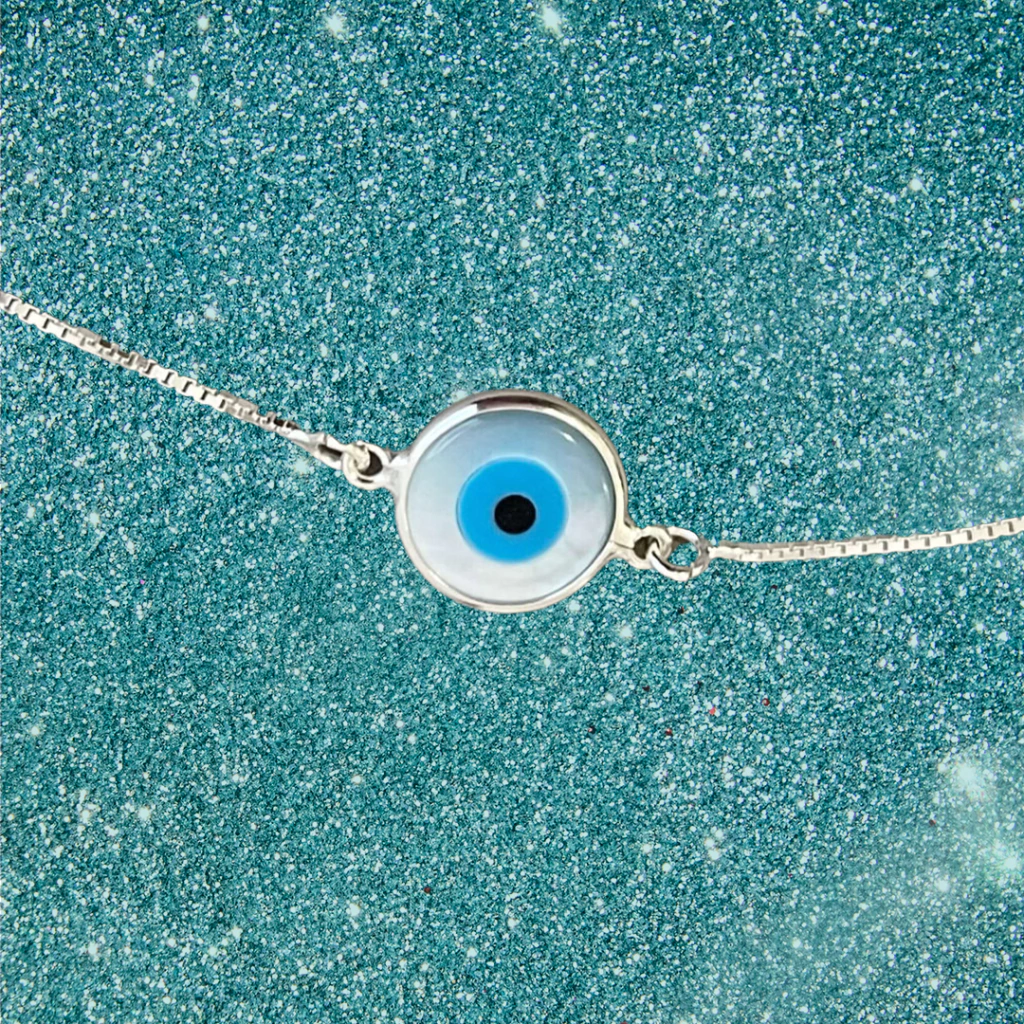 Pulseira Olho Grego 1,5cm em Madrepérola V15 21cm com extensor Prata 925