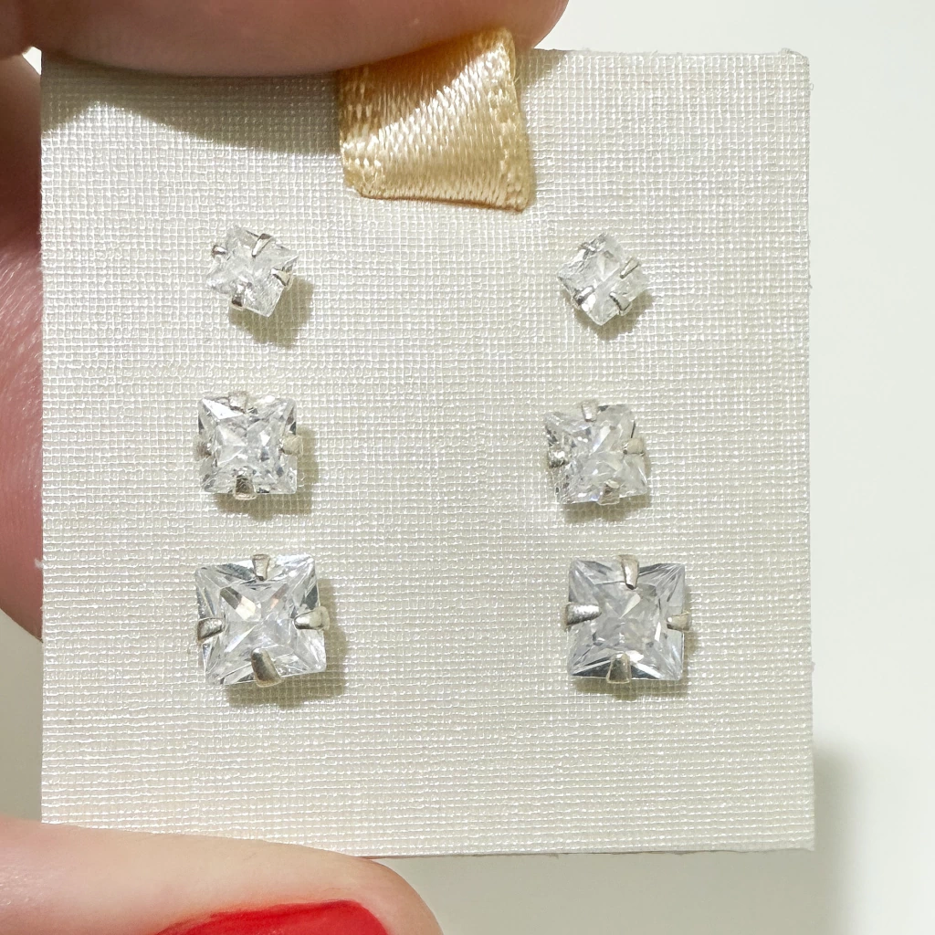 Trio de Brincos Zircônia Quadrada Prata 925