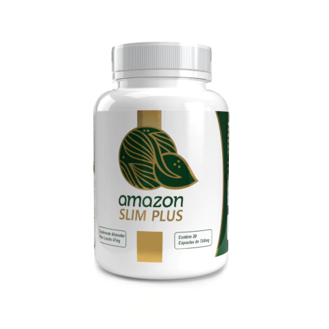 Frasco branco do suplemento alimentar Amazon Slim Plus com rótulo verde e dourado, contendo 30 cápsulas de 750mg
