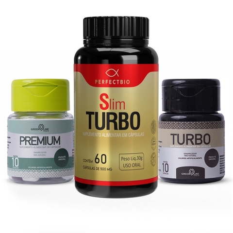 Três frascos de suplementos alimentares da linha Green Line: Premium, Slim Turbo e Turbo.