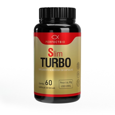 Frasco preto com rótulo dourado e vermelho do suplemento alimentar em cápsulas Slim Turbo da marca PerfectBio