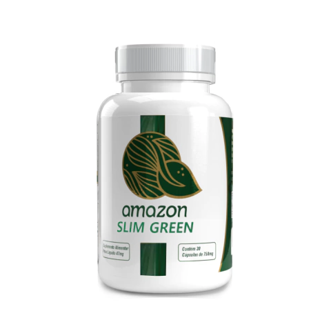 Frasco de suplemento alimentar Amazon Slim Green, contendo 30 cápsulas de 750mg.