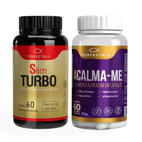 Combo de suplementos alimentares em cápsulas Slim Turbo e Acalma-Me da PerfectBio, com embalagens preta e dourada e branca e roxa