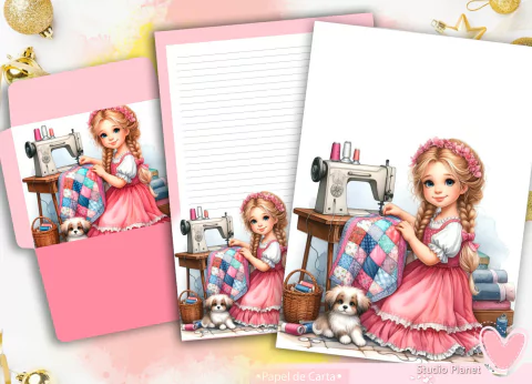 Papéis de Carta Menininha (4 Papéis com 2 modelos de cada Ilustrado e Pautado + 2 Envelopes)