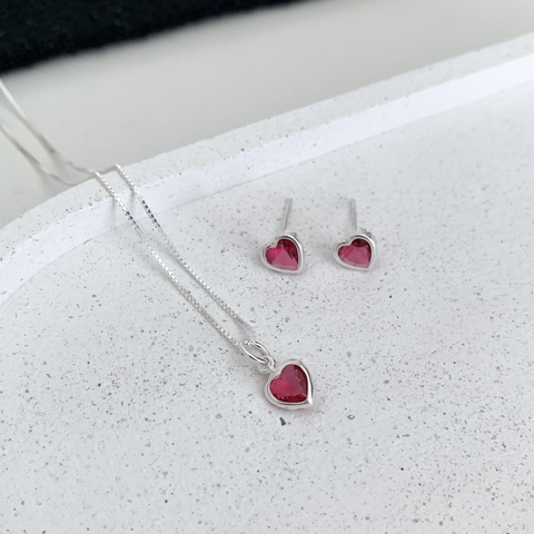 Conjunto feminino colar + brinco coração zircônia fúcsia prata 925