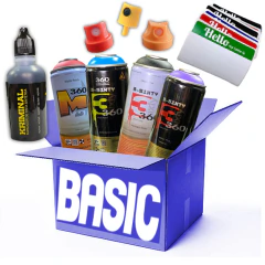 Caja Misteriosa 399 pesos: 4 Aerosoles 360 Spray + 1 Drip Chorreador blank + 3 Caps + 20 Stickers hello my name is