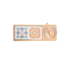 Conjunto 4 Peças Petisqueira Vidro com Colher de Bambu e Tábua de Ladrilho 32cmx12cmx5,5cm Wolff