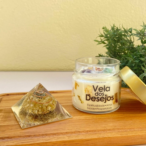 Kit Prosperidade e Abundância - Pirâmide Abundância 6cm / Vela dos Desejos 150g
