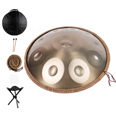 Handpan Hang Drum dourado bronze com 9 a 14 notas, acompanhado de capa preta, baquetas, suporte dobrável e alça de transporte