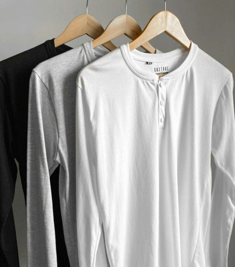 3 REMERAS MANGA LARGA BUTTON | blanca | gris | negra