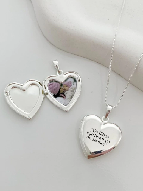 Colar Pingente relicário coração liso personalizado a laser com foto dentro• Prata