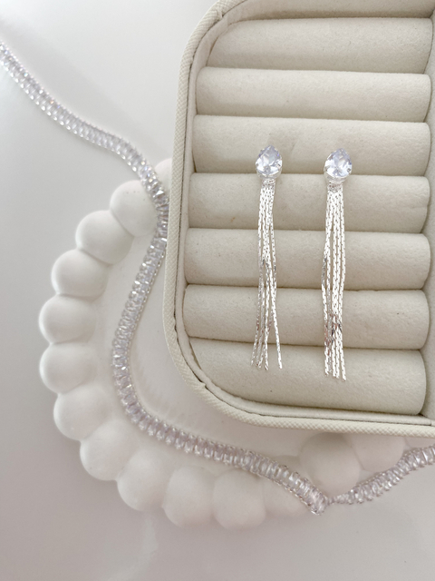 Brinco gota cristal com franja •Prata