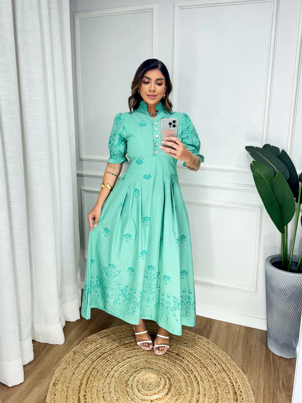 Vestido midi tricoline com botão 100%Algodão