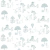 Papel de parede com estampa de árvores, balões e crianças brincando com um ar retrô na cor branco com contorno verde