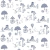 Papel de parede com estampa de árvores, balões e crianças brincando com um ar retrô na cor branco com contorno azul