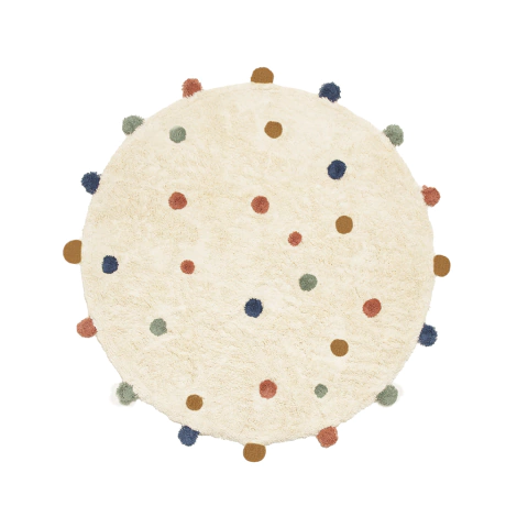 Tapete Chuva de Alegria em algodão branco redondo, com poá colorido