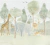 Papel de parede temático, com pintura estilo aquarela de diversas árvores e um elefante, uma girafa, um leão, um tigre e uma onça