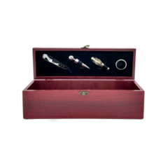 SCHON · PORTABOTELLA DE MADERA CON 4 ACCESORIOS PARA VINO