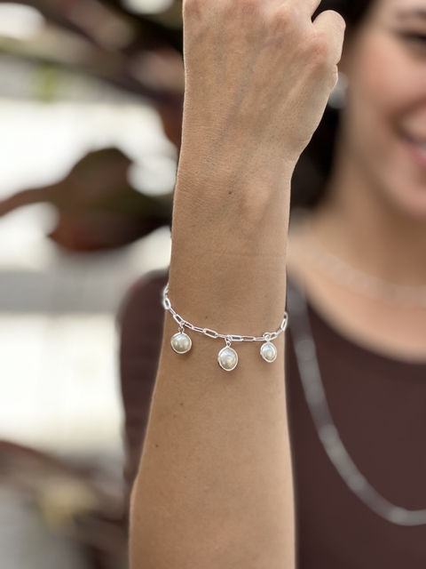 Pulseira 3 Pérolas Abauladas Prata - comprar online