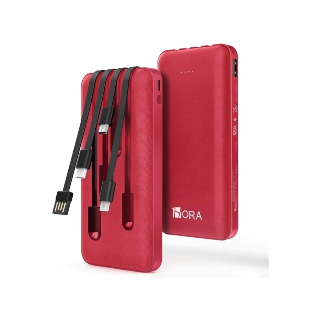 1 Hora Power Bank GAR148 10000 mah Ultra Slim de Bateria Portatil con 4 Cables Incorporados Roja