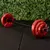 Barra de bodypump con discos rojos sobre piso de gimnasio.