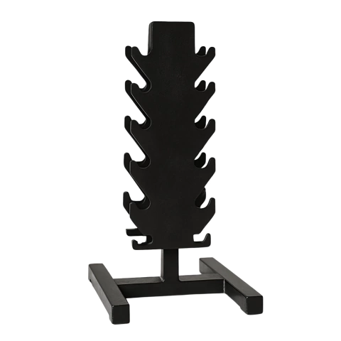 Soporte vertical pequeño para mancuernas hexagonales de color negro.