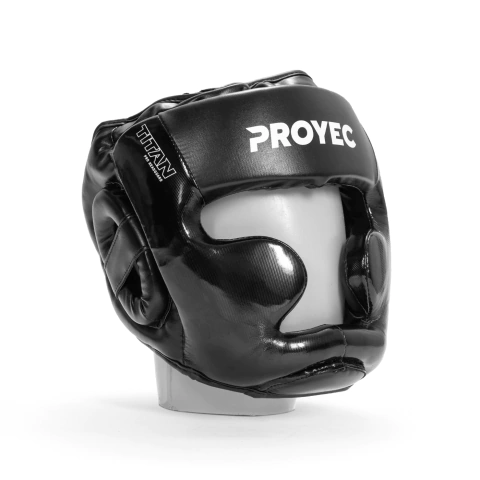 Cabezal de boxeo Proyec Titan negro con protección de pómulo y mentón, ideal para entrenamiento y competencia.