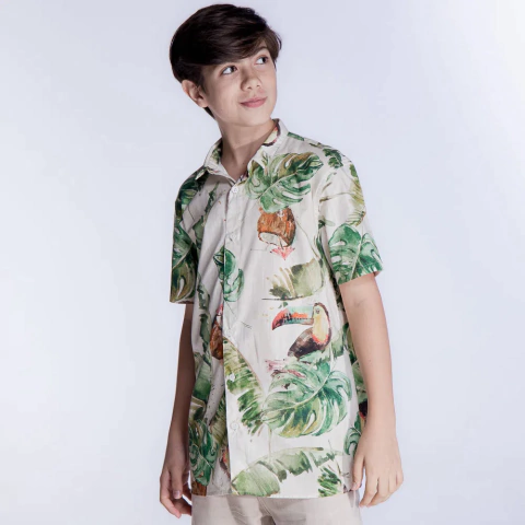 Camisa infantil flame menino tropical folhagem verão