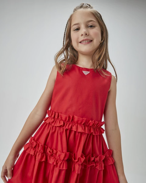 VESTIDO RODADO EM TRICOLINE VERMELHO COM BABADOS