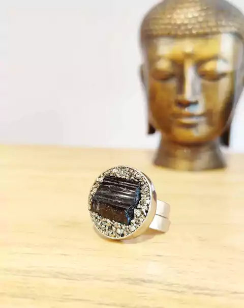 Anillo circular Pirita y Turmalina - comprar online
