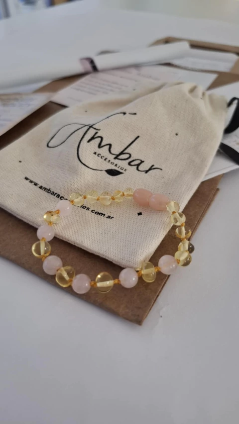 PULSERA ÁMBAR Y CUARZO ROSA 16 CM - comprar online