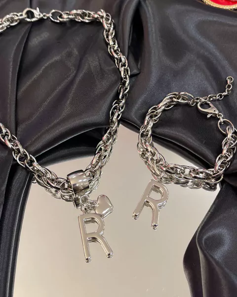 Kit Colar E Pulseira Personalizada Letra Prata