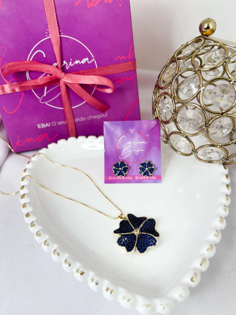 Colar e Brinco Trevo Azul Cravejado - comprar online