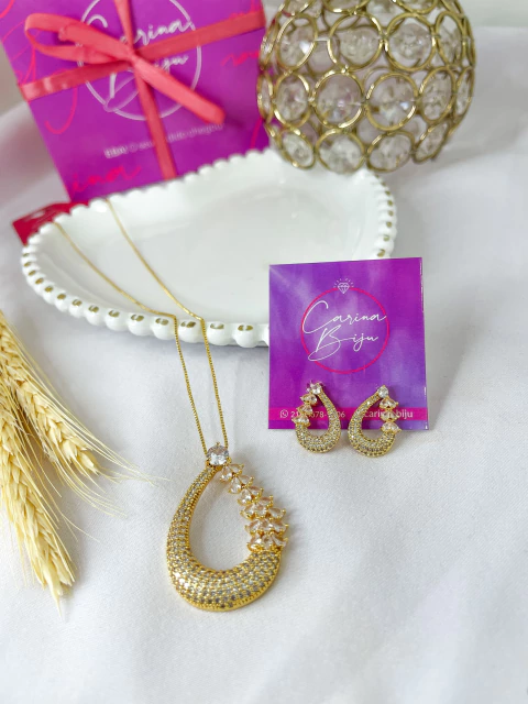 Colar e Brinco Gota Vazada Cravejada - comprar online