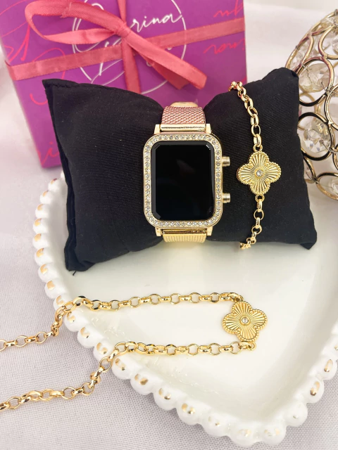 Kit Trevo Dourado Com Relógio Digital Cravejado - comprar online