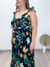 Vestido viscolinho decote em V detalhe corda busto alça babado estampado Farm