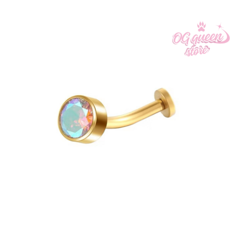 Piercing de umbigo hipoalergênico floating dourada na pedraria de zircônia furta-cor