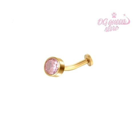 Piercing de umbigo hipoalergênico floating dourada na pedraria de zircônia rosa