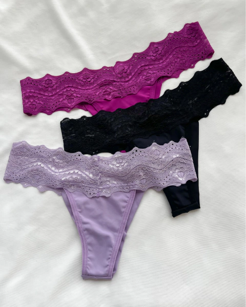 Kit de 3 Calcinhas fio duplo com cós em renda- Preta, Lilás e Fucsia