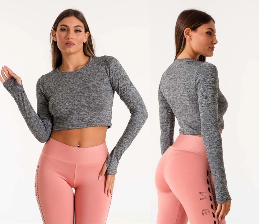 TOP CROP MANGA LARGA GRIS