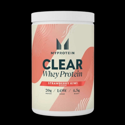 Envase de proteína aislada Clear Whey de MYPROTEIN, sabor fresa y kiwi, con 20g de proteína y bajo en azúcar.