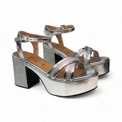 Sandalia Plataforma Tiras Cruzadas Taco 8 1/2 Metalizado Lurex Zafiro (276MZ)