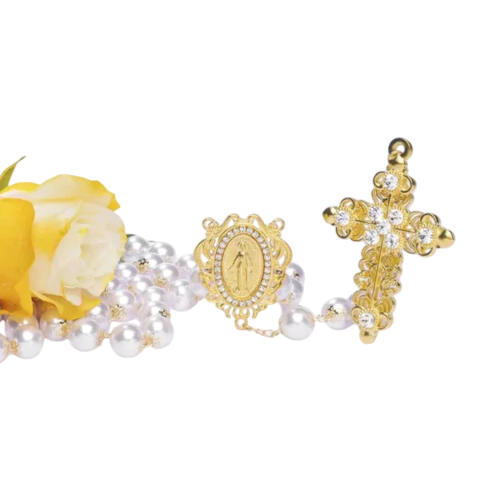 Terço de Noiva Pérola Dourada ou Prateada - Nossa Senhora das Graças